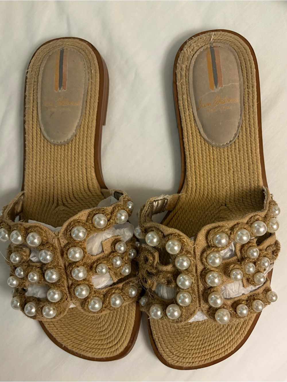 Sam Edelman Bay Slide Sandals Size 7.5. Raffia upper with acrylic pearl embellis